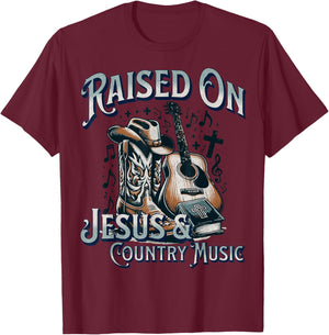 Raised On Jesus And Country Music T-Shirt - T-Shirt | Maroon