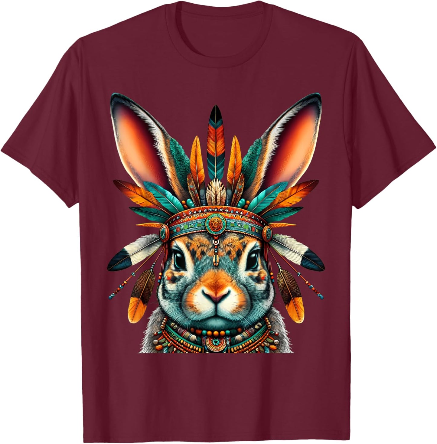 Native Indian Rabbit Native American Indian Feathers T-Shirt - T-Shirt | Maroon