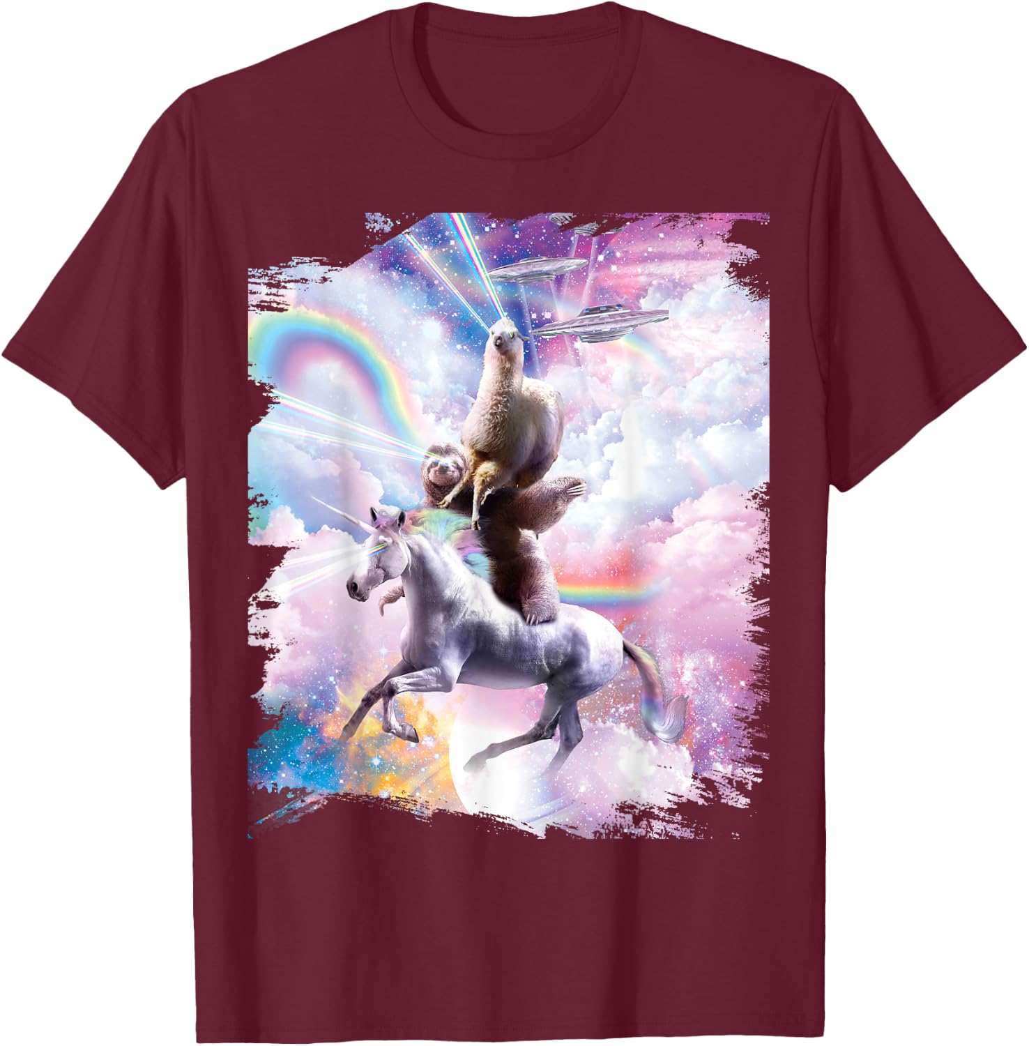 Laser Eyes Space Llama on Sloth Unicorn - Rainbow T-Shirt - T-Shirt | Maroon