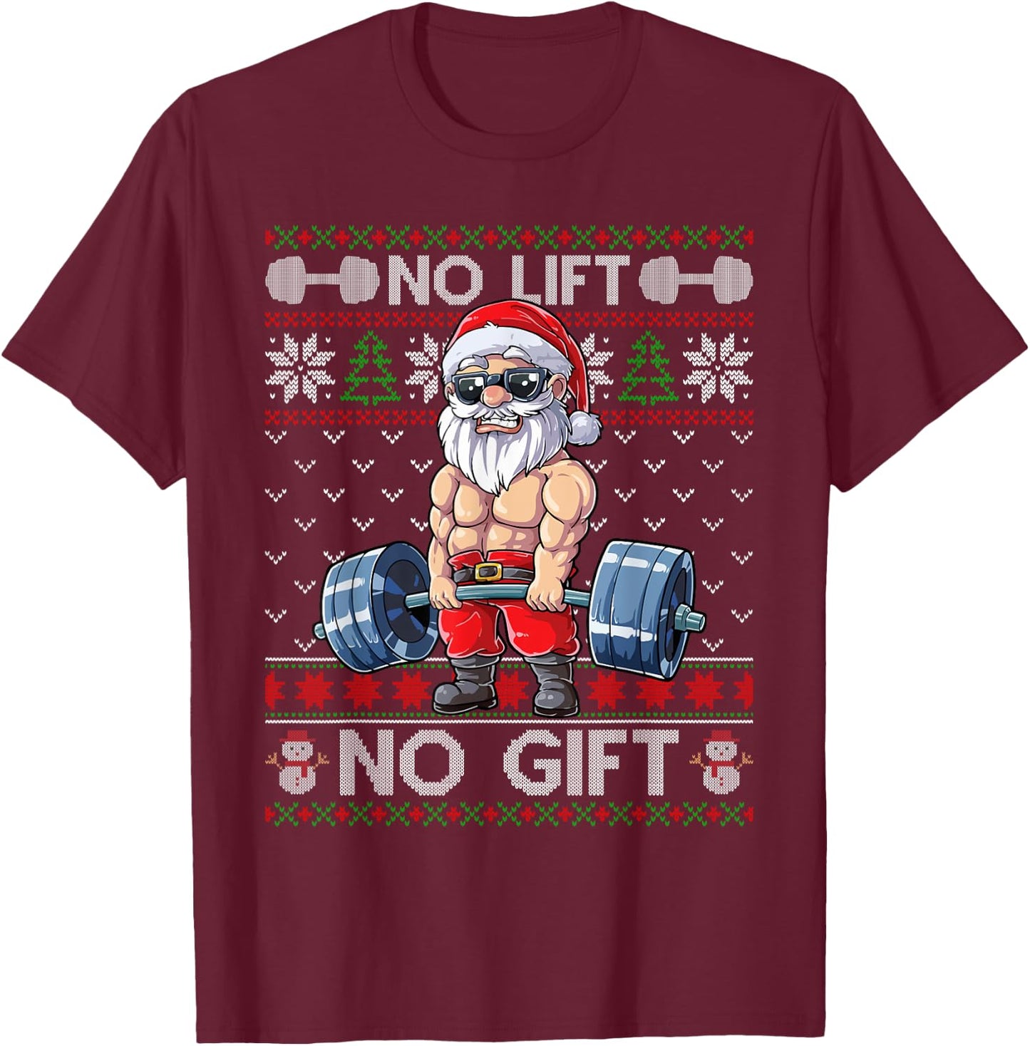 Funny Muscle Santa Lifting Christmas Ugly Christmas Sweater T-Shirt - T-Shirt | Maroon