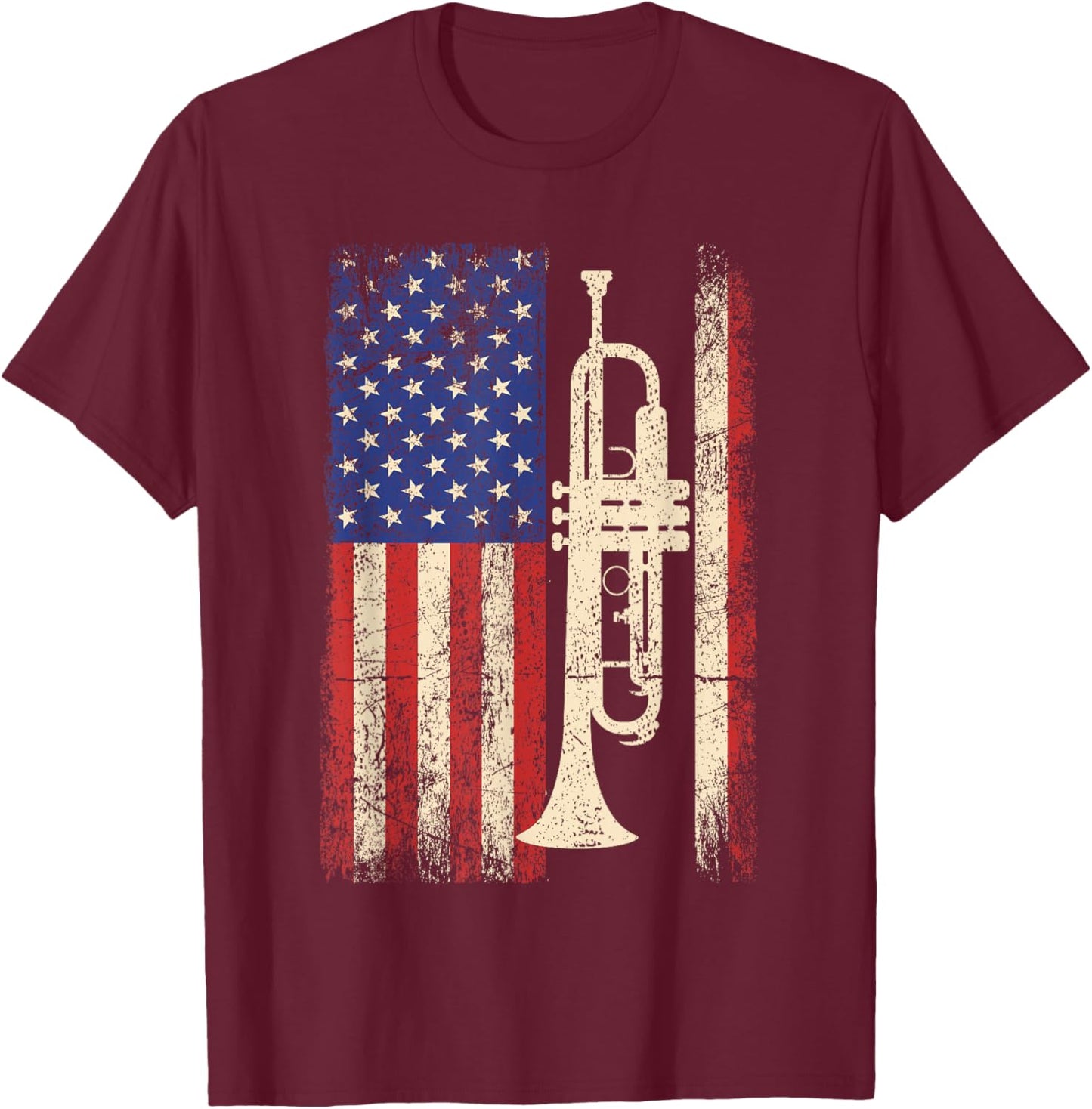 Trumpet USA American Flag Shirt Jazz Music Vintage Men T-Shirt - T-Shirt | Maroon