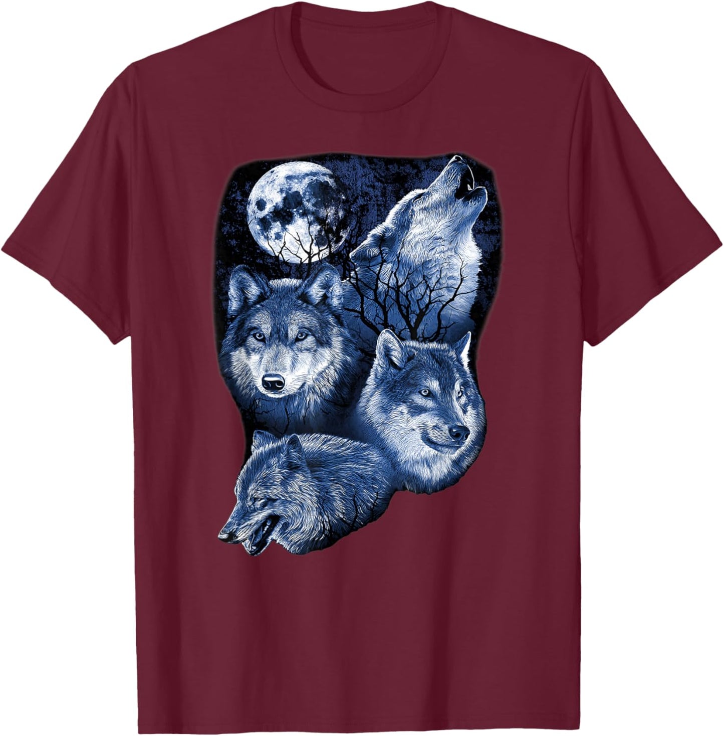 Four Wolfs Howling At The Moon Wolf Lover T-Shirt - T-Shirt | Maroon