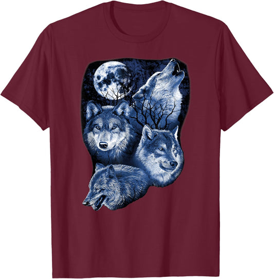 Four Wolfs Howling At The Moon Wolf Lover T-Shirt - T-Shirt | Maroon