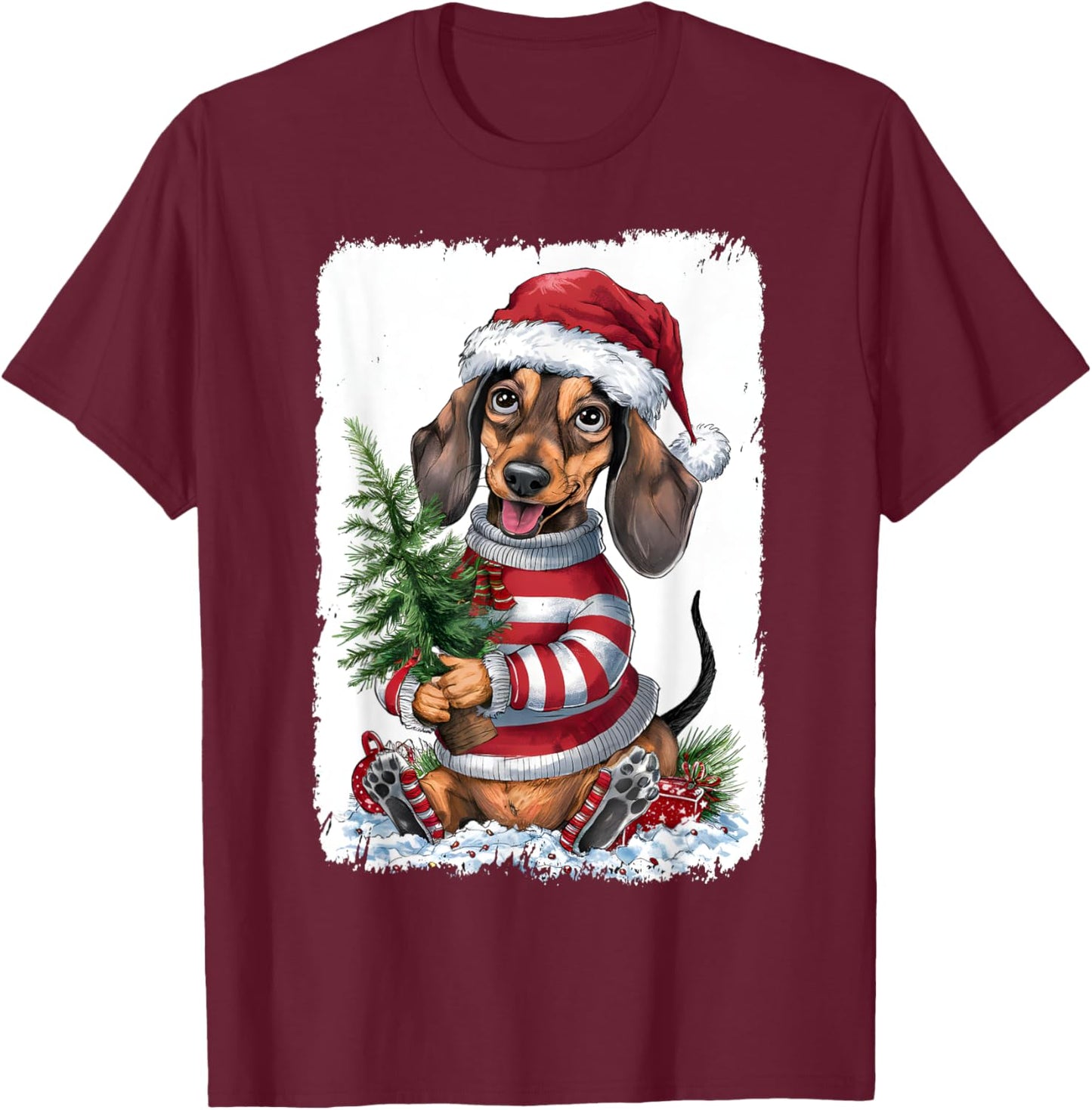 Christmas Dachshund Dog , Black, S T-Shirt - T-Shirt | Maroon