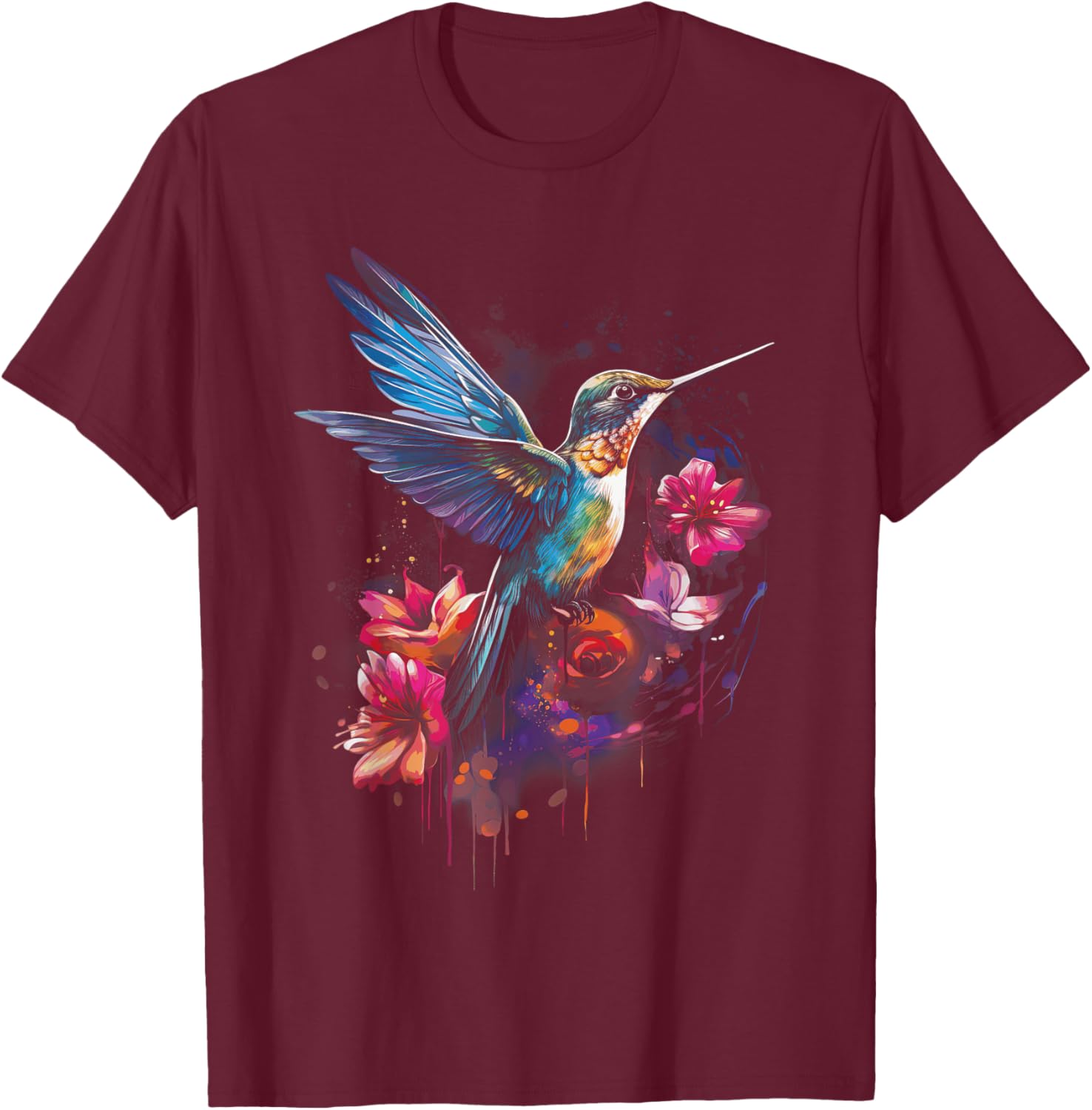 Hummingbird Floral Bird Artwork T-Shirt - T-Shirt | Maroon