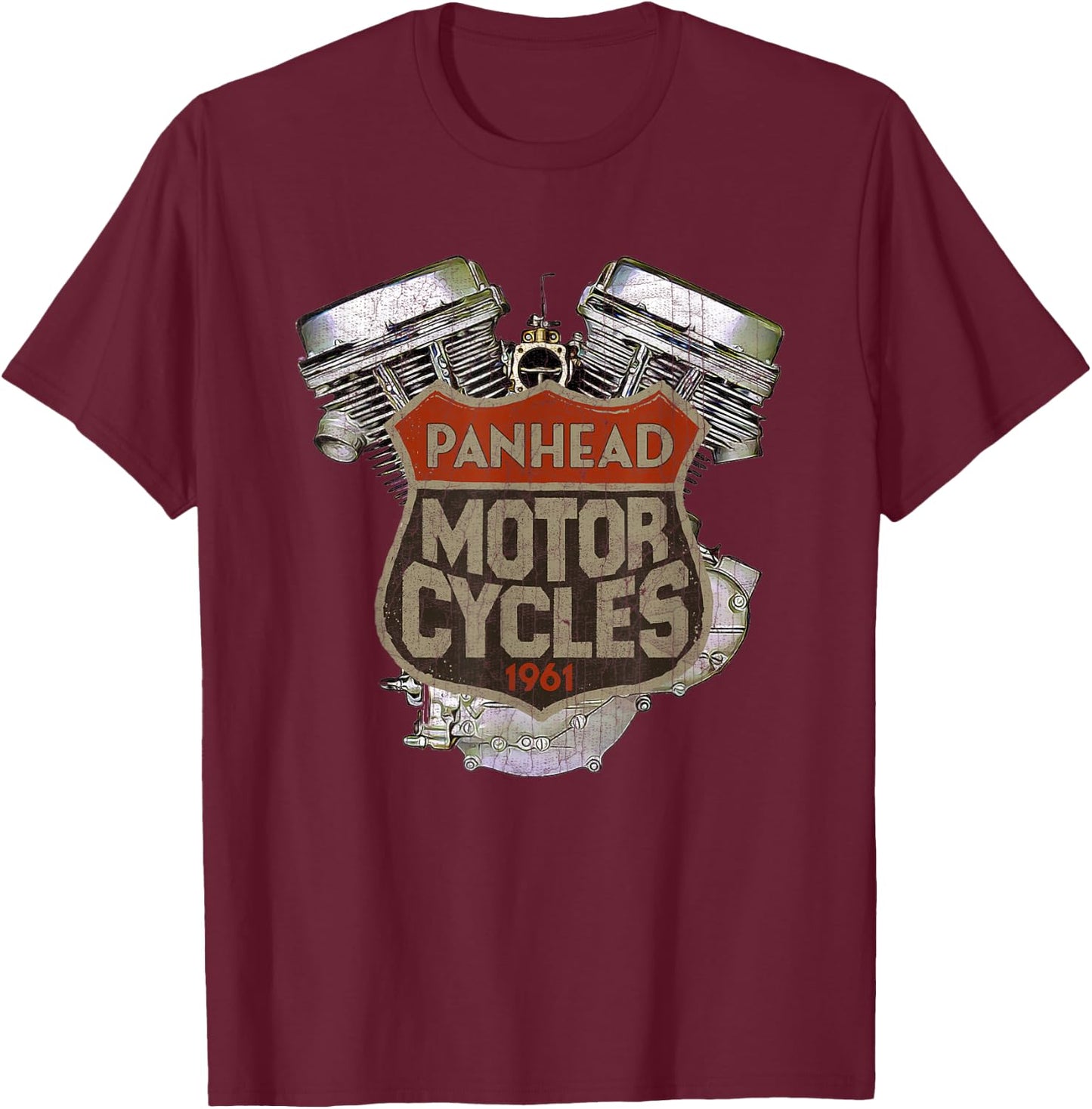 1961 Panhead Motorcycle Vintage Distressed Biker Chopper Rat T-Shirt - T-Shirt | Maroon