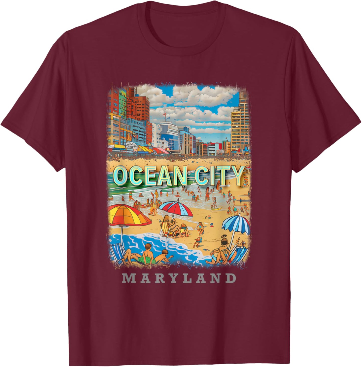 Ocean City Maryland MD Beachfront Bliss SD527 T-Shirt - T-Shirt | Maroon