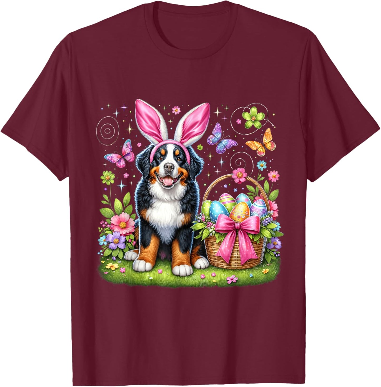 Cute Bunny Bernese Mountain Dog Dog Easter Eggs Basket Party T-Shirt - T-Shirt | Maroon