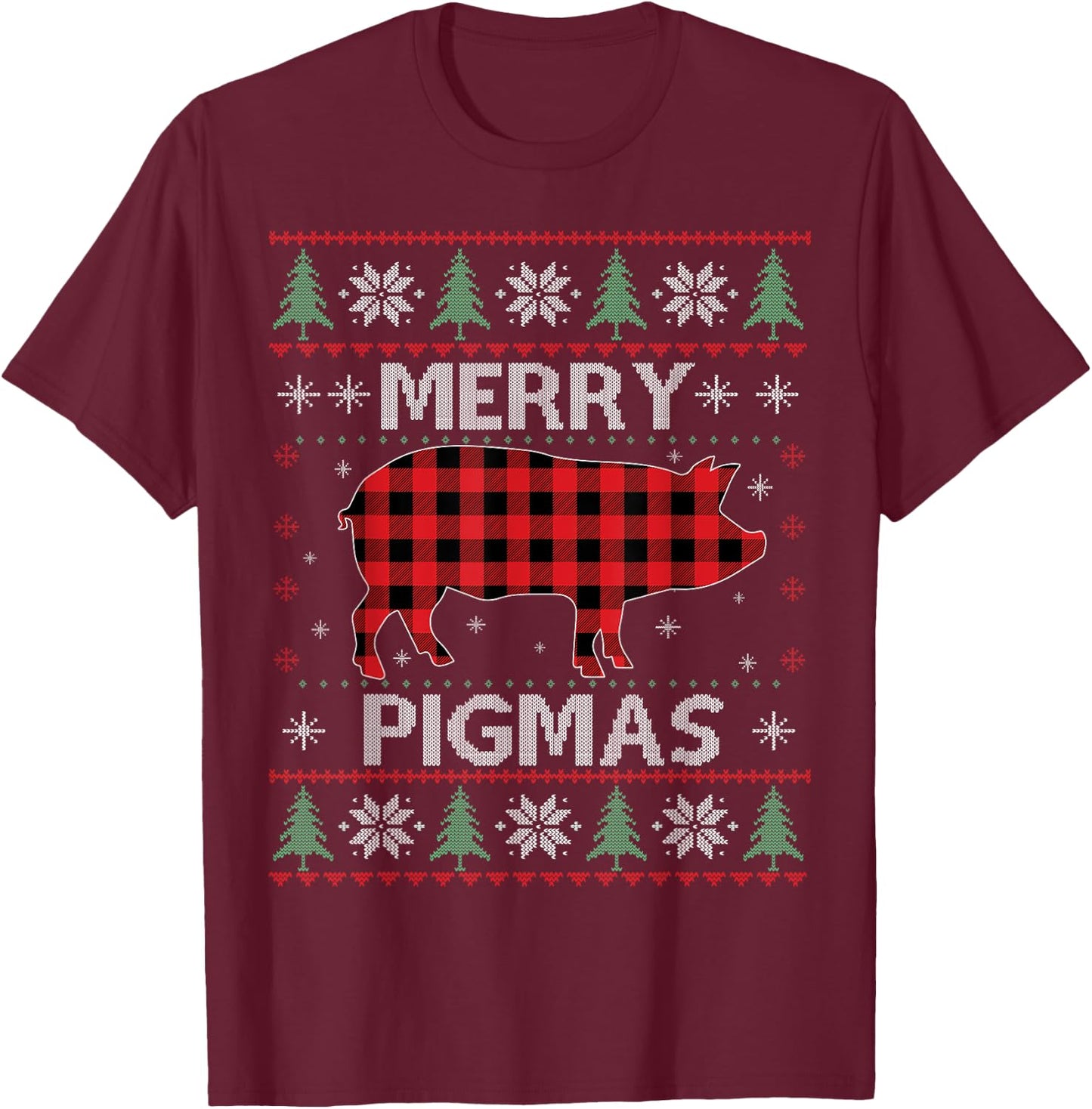 Merry Pigmas Pig Red Plaid Ugly Sweater Xmas Funny T-Shirt - T-Shirt | Maroon