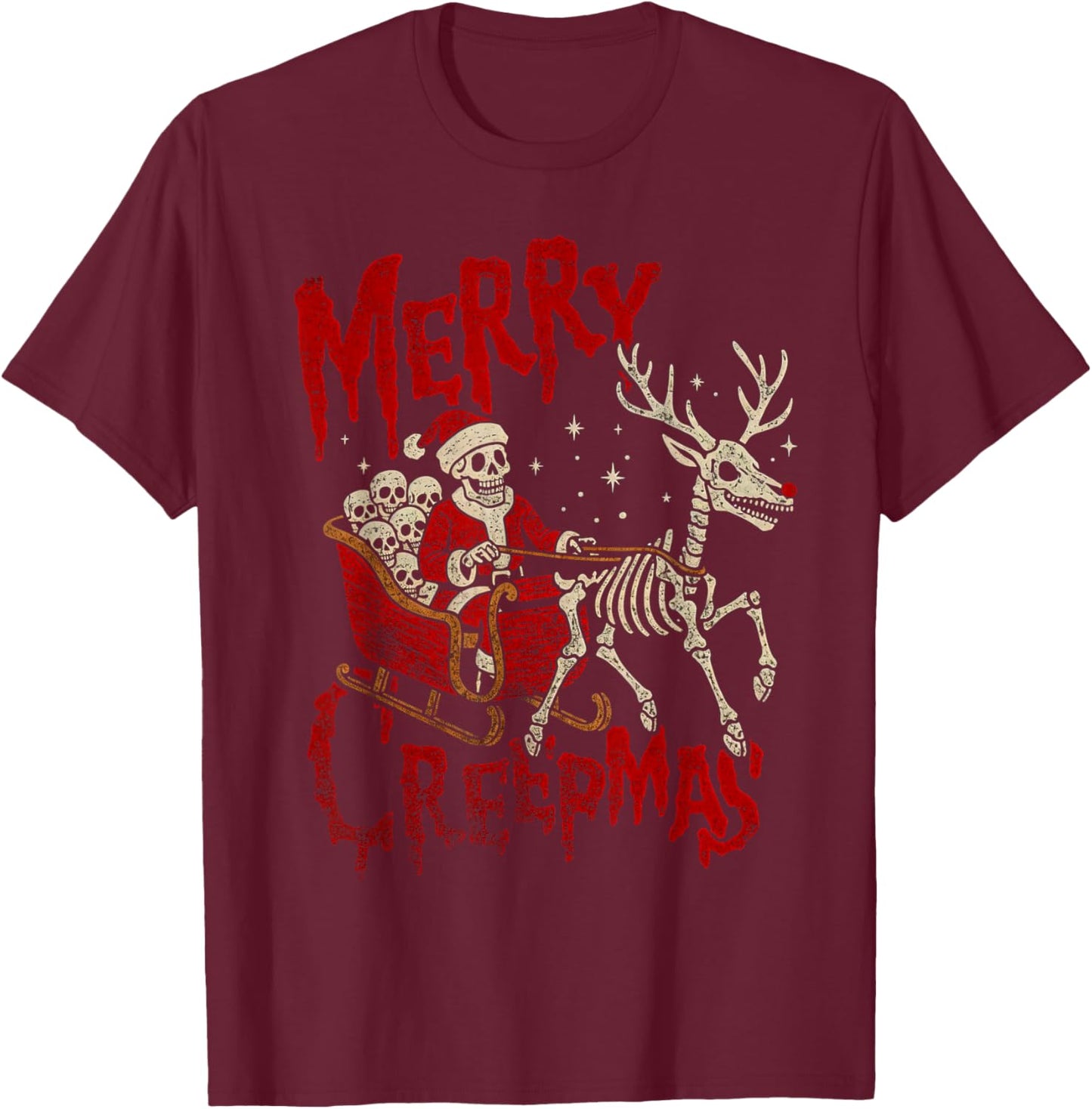 Merry Creepmas Skeleton Creepy Christmas Goth Holiday Pajama T-Shirt - T-Shirt | Maroon