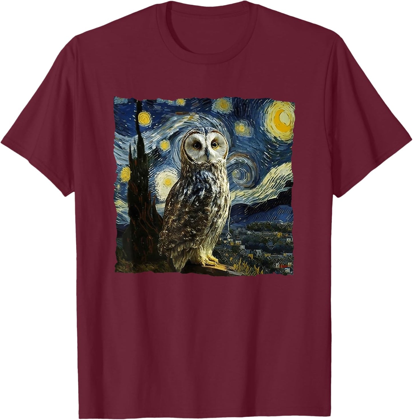 Owl Starry Night Van Gogh Painting Moon Owls Owl Lover T-Shirt - T-Shirt | Maroon