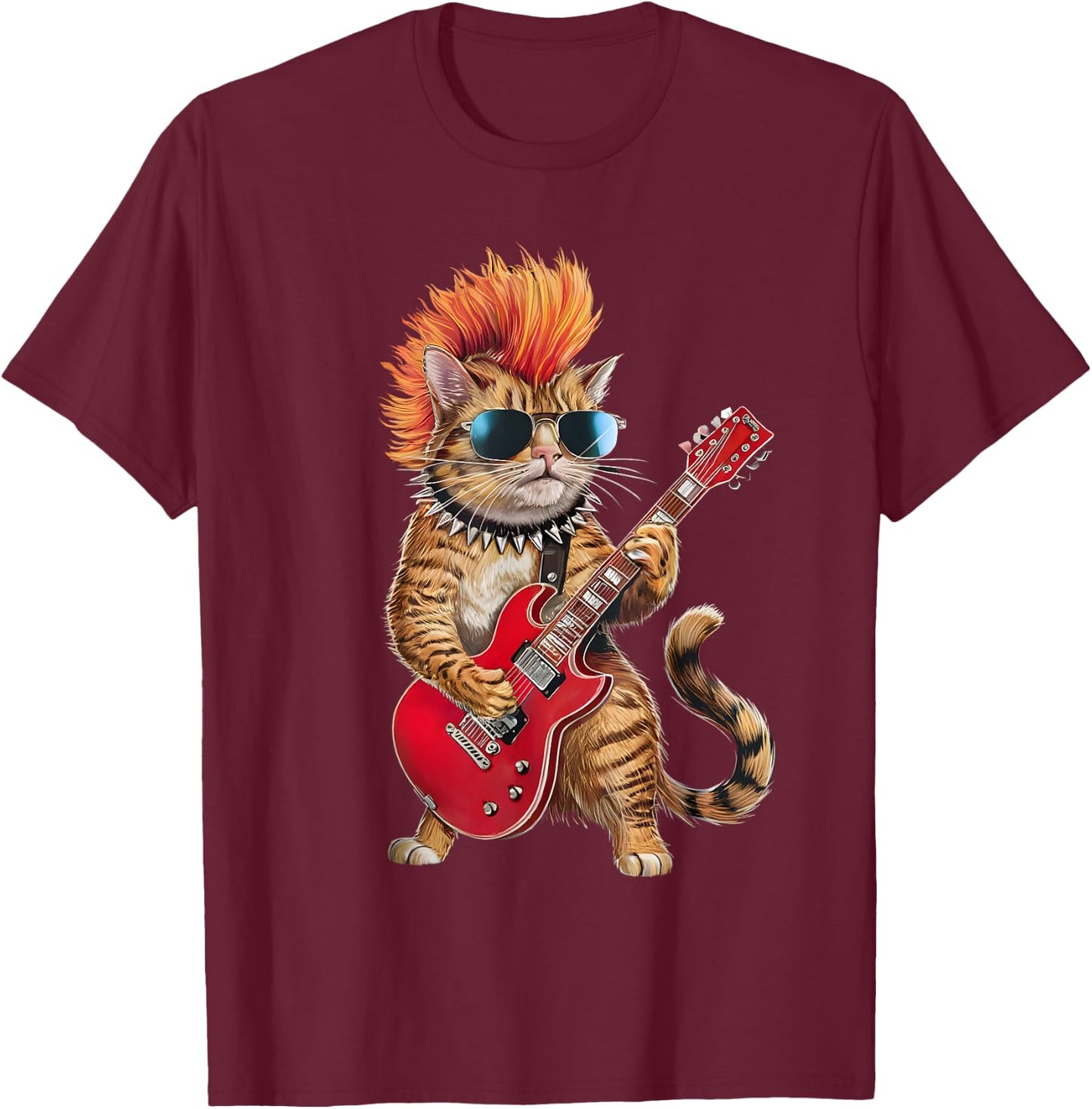Cute Punk Cat Rock'n Roll Goth Cat Guitar Band Funny Women Kids T-Shirt - T-Shirt | Maroon