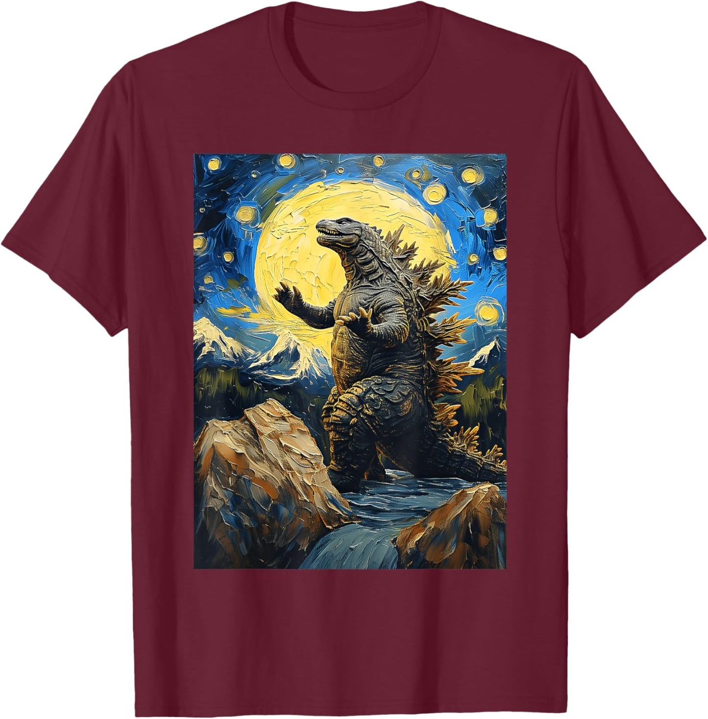 Japanese Monster Kaiju in Van Gogh Starry Night T-Shirt - T-Shirt | Maroon