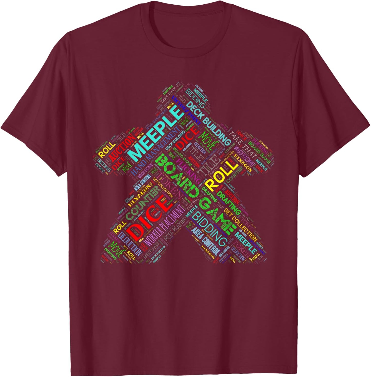 Board Game Meeple Typography with Terms and Mechanics T-Shirt - T-Shirt | Maroon