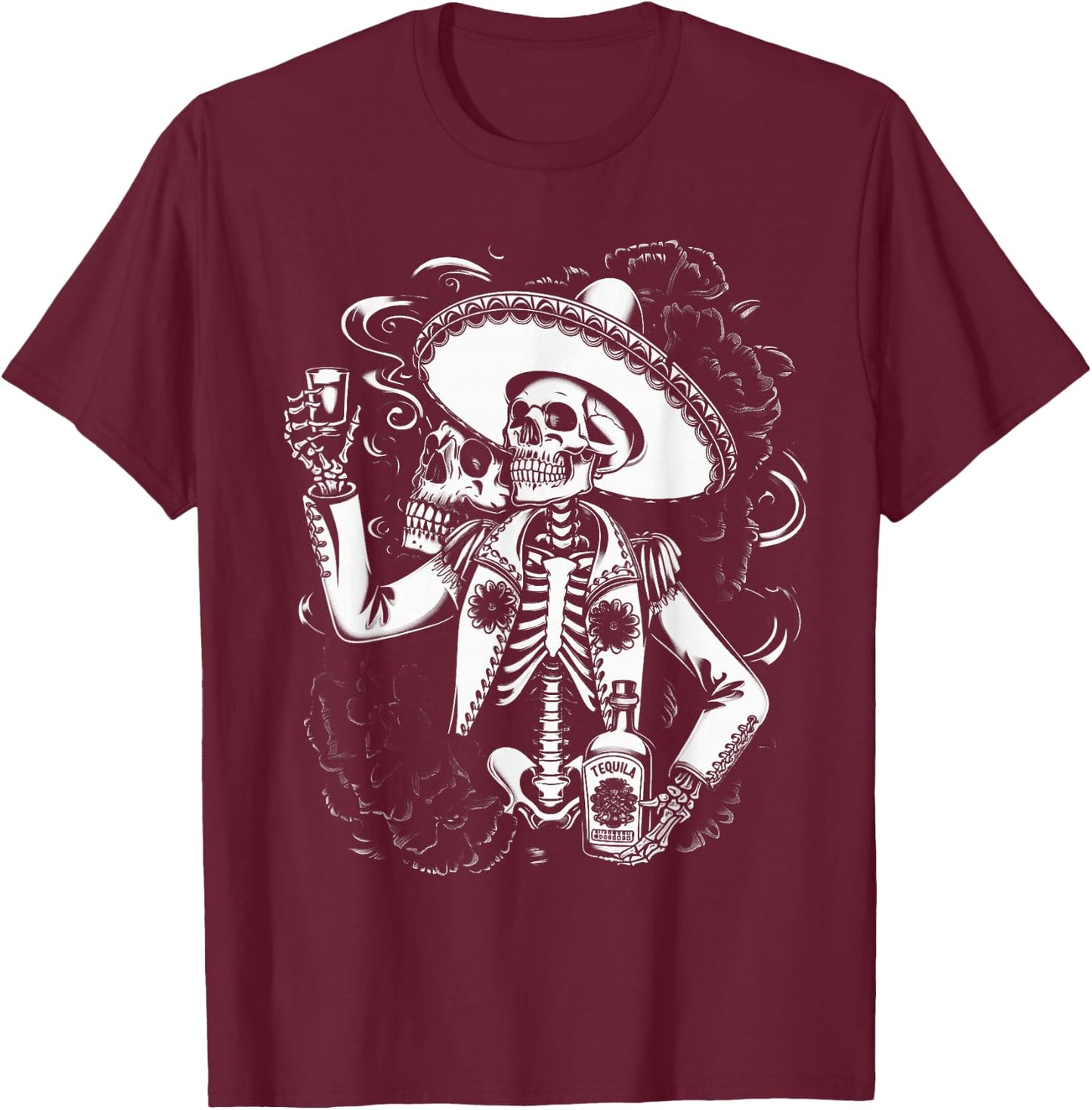 Mexico Vintage Skeleton Tequila Dia De Los Muertos Mexican T-Shirt - T-Shirt | Maroon