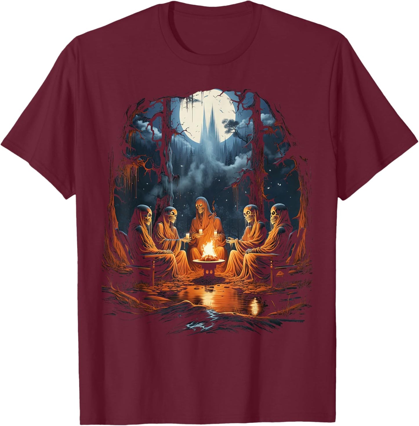 Vintage Ghost and Skeleton by Fire Camping Gothic Halloween T-Shirt - T-Shirt | Maroon