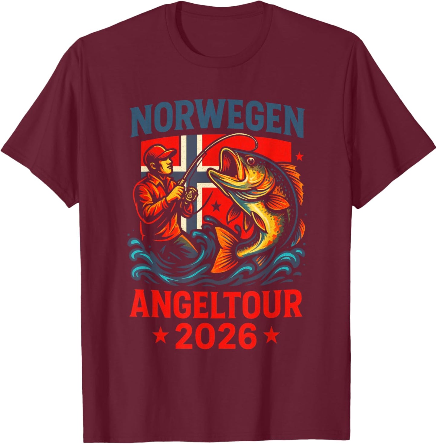 Norwegen Angeltour 2026 - Norwegen Angelurlaub T-Shirt - T-Shirt | Maroon