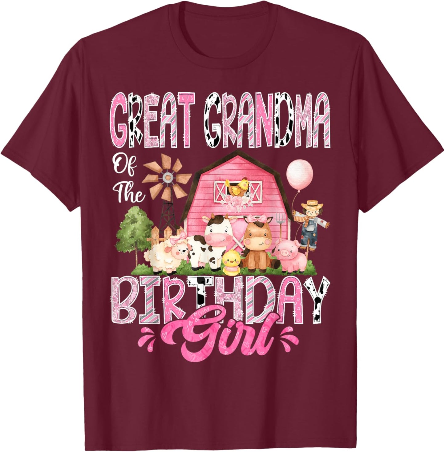 Great Grandma Of The Birthday Girl Pink Farm Cow Birthday T-Shirt - T-Shirt | Maroon