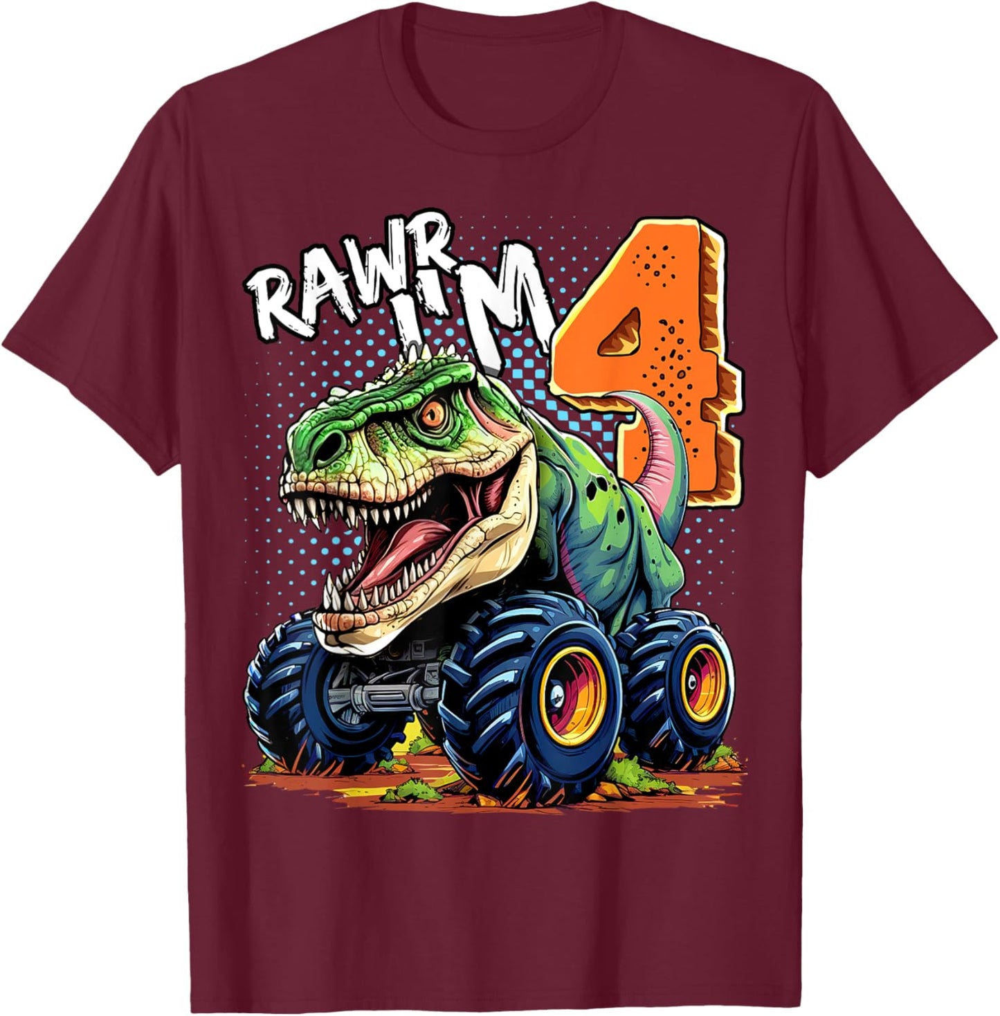 Monster Truck Dinosaur T-Rex 4th Birthday Boy 4 Year Old T-Shirt - T-Shirt | Maroon
