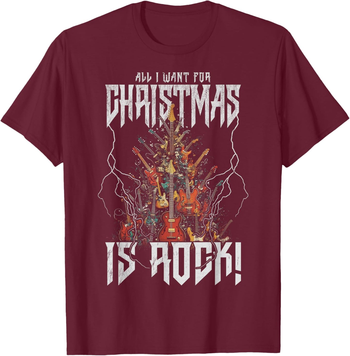 Christmas Tree Rock Guitar Tree Rock n Roll T-Shirt - T-Shirt | Maroon