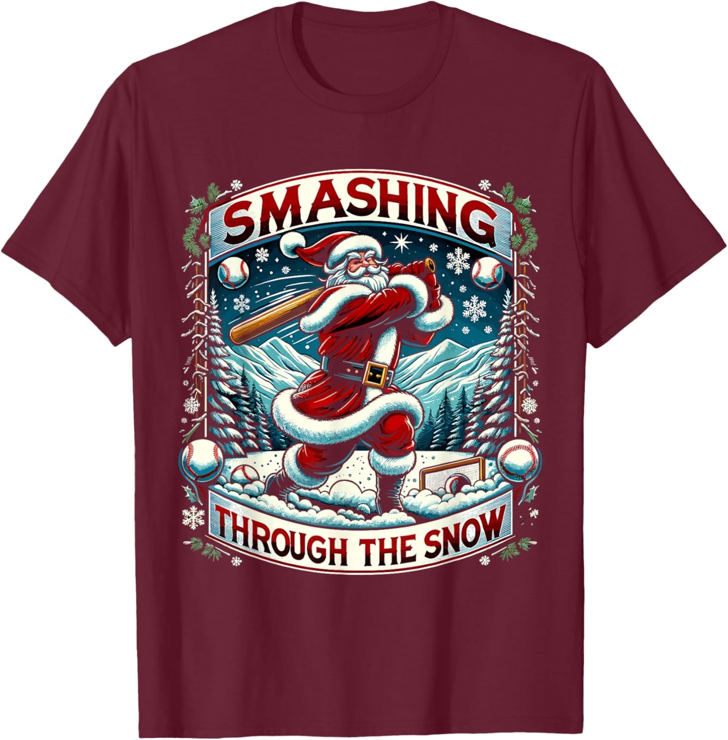 Smashing Through The Snow Boys Baseball Lifestyle Santa T-Shirt - T-Shirt | Maroon