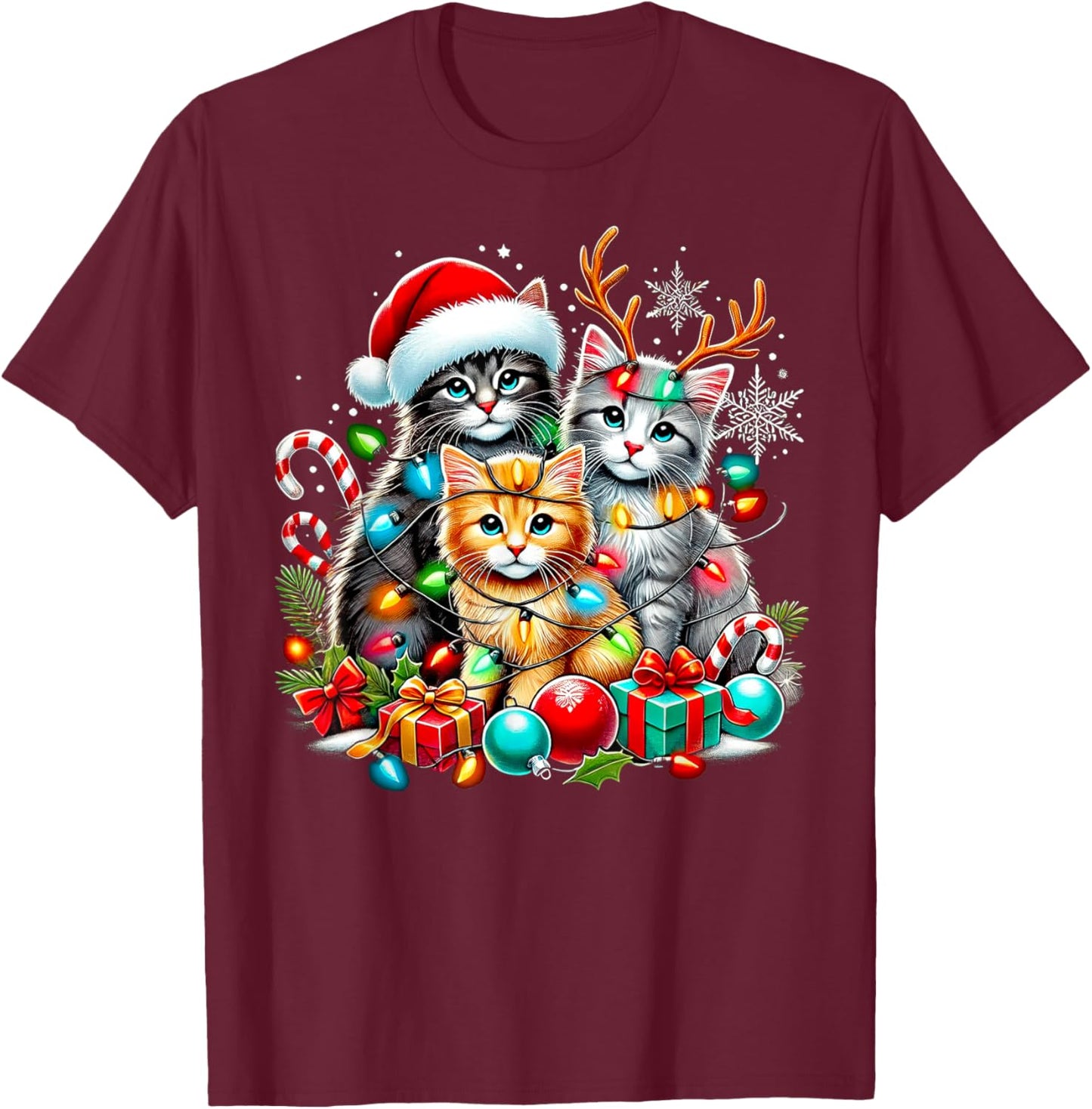 Merry Christmas Baby Cats Presents Snowflake Santa Claus T-Shirt - T-Shirt | Maroon