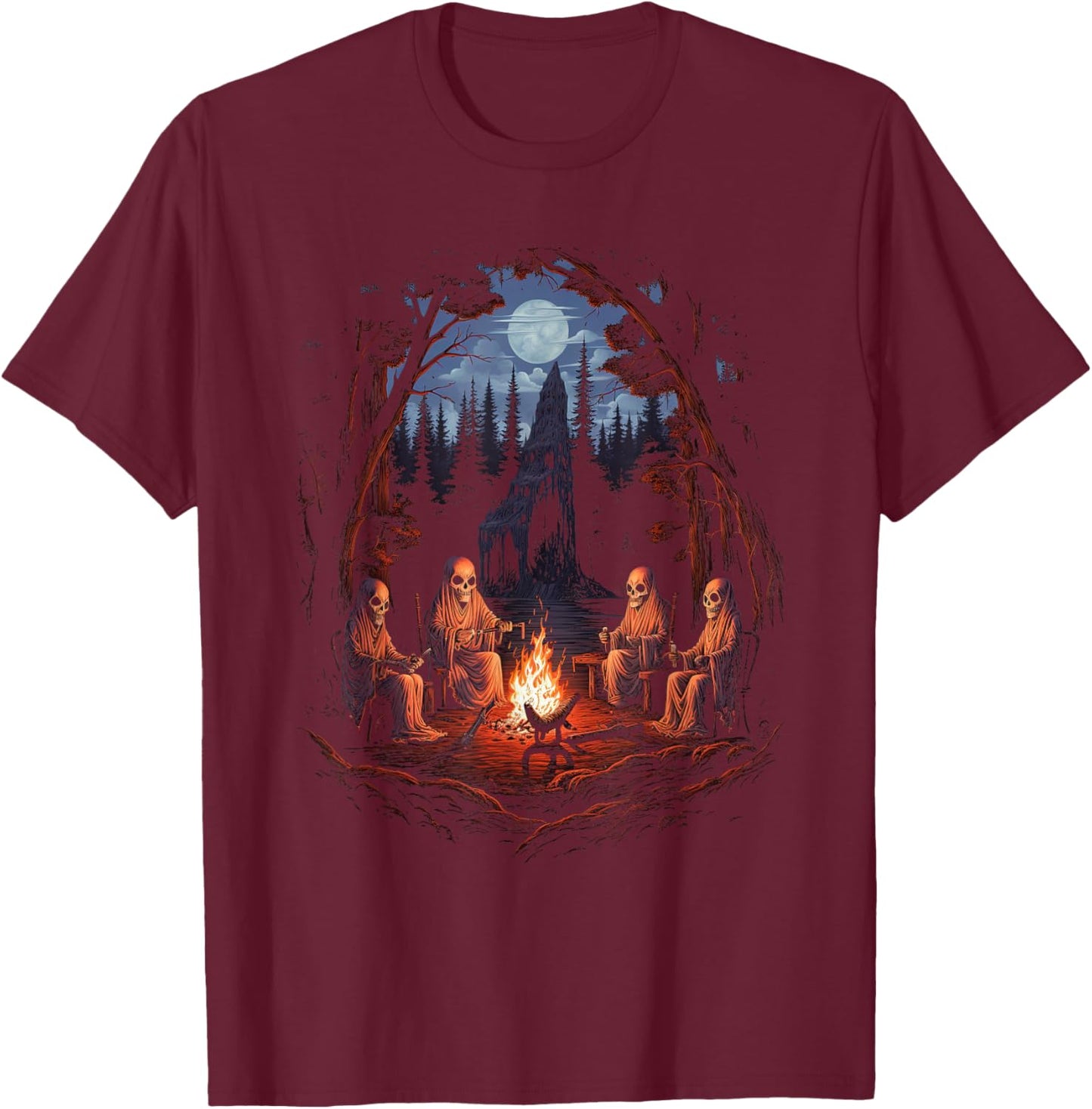 Vintage Ghost and Skeleton by Fire Camping Gothic Halloween T-Shirt - T-Shirt | Maroon