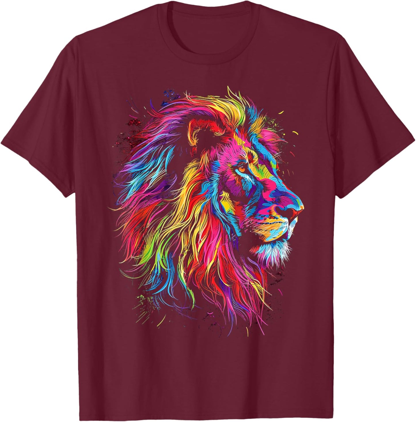 Lion Art Abstract Colorful Animal Graphic Lion T-Shirt - T-Shirt | Maroon
