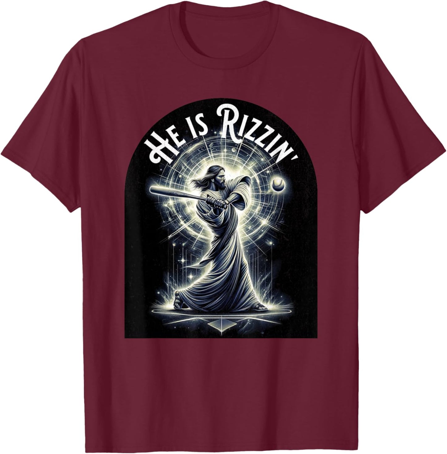 He is Rizzin Jesus Playing Baseball Funny Sports Rizz T-Shirt - T-Shirt | Maroon