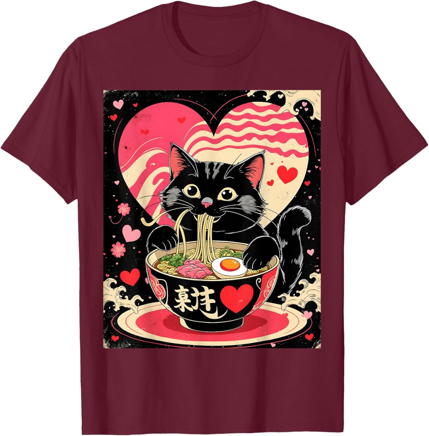 Kawaii Anime Cat Ramen Japanese Graphic Men Women Teens T-Shirt - T-Shirt | Maroon