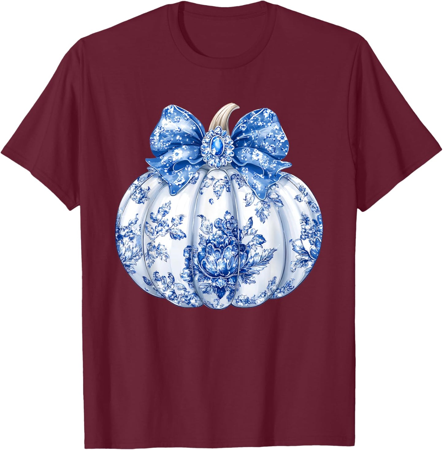 Fall Coquette Chinoiserie Blue Floral Pumpkin Thanksgiving T-Shirt - T-Shirt | Maroon