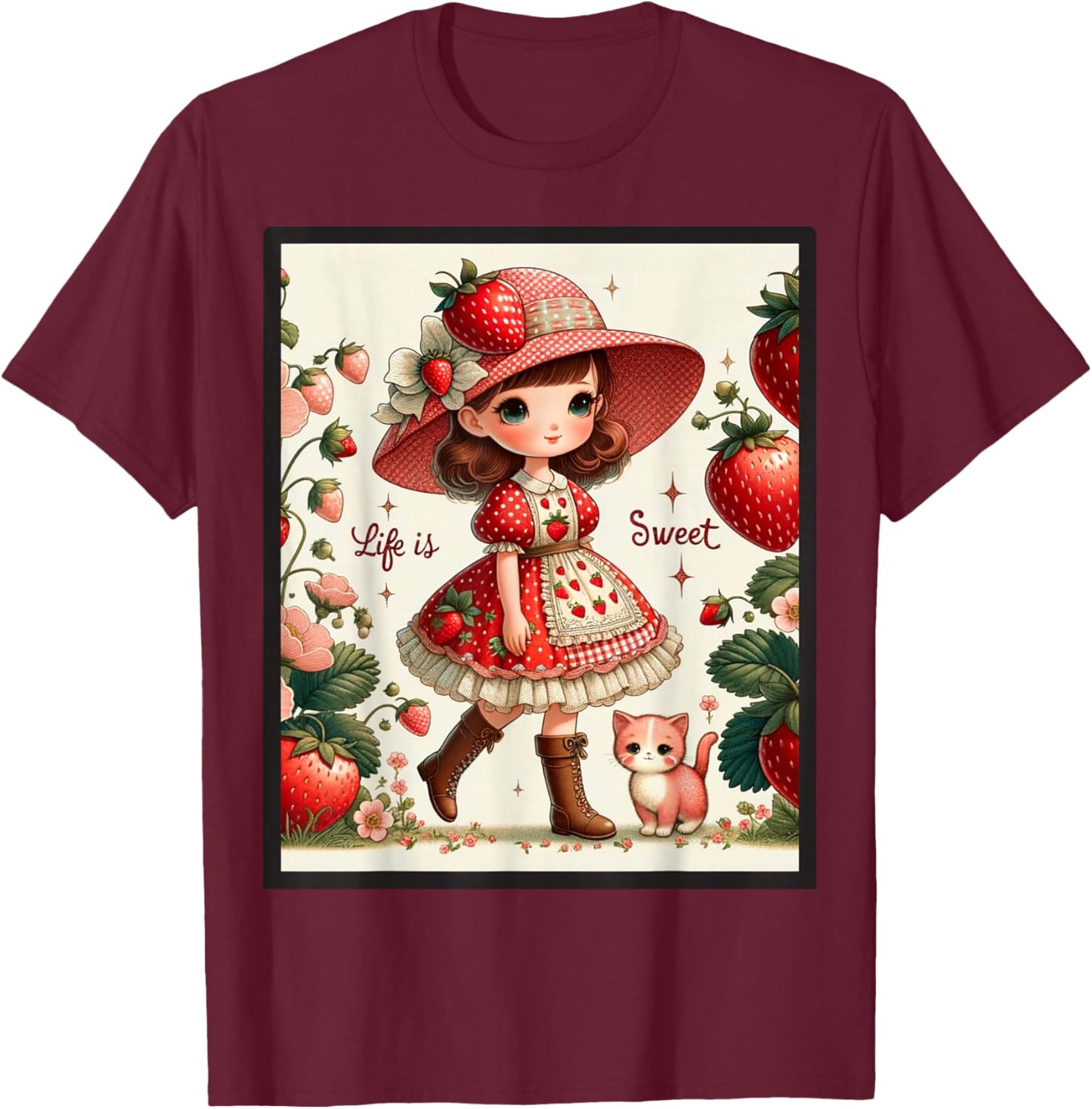 Cute Life Is Sweet Strawberry Cake Vintage Berry Garden T-Shirt - T-Shirt | Maroon