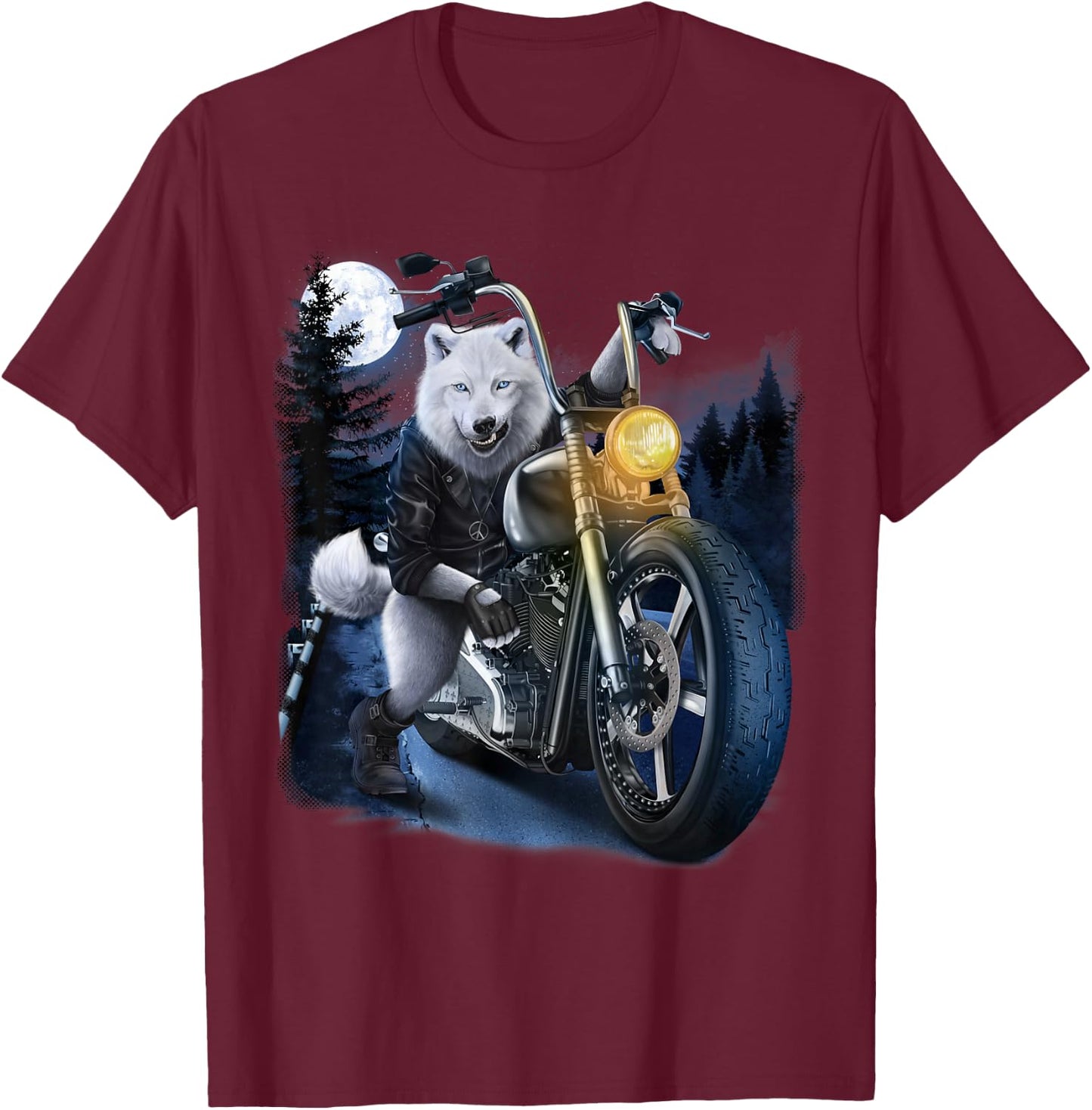 Wolf Riding Chopper Motorcycle in Full Moon T-Shirt - T-Shirt | Maroon