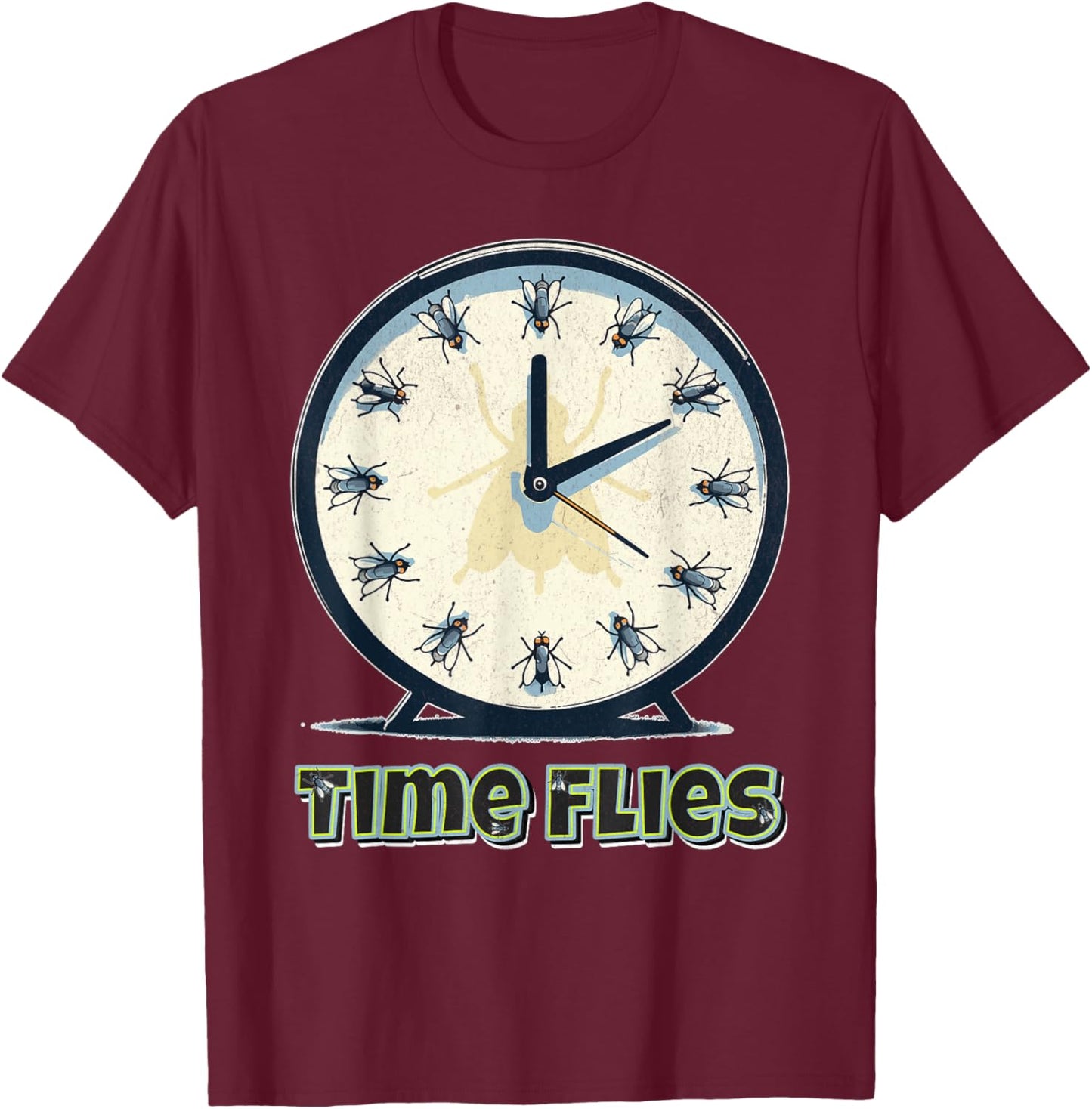 Time Flies Funny Clock Graphic Flying Bugs Pun T-Shirt - T-Shirt | Maroon