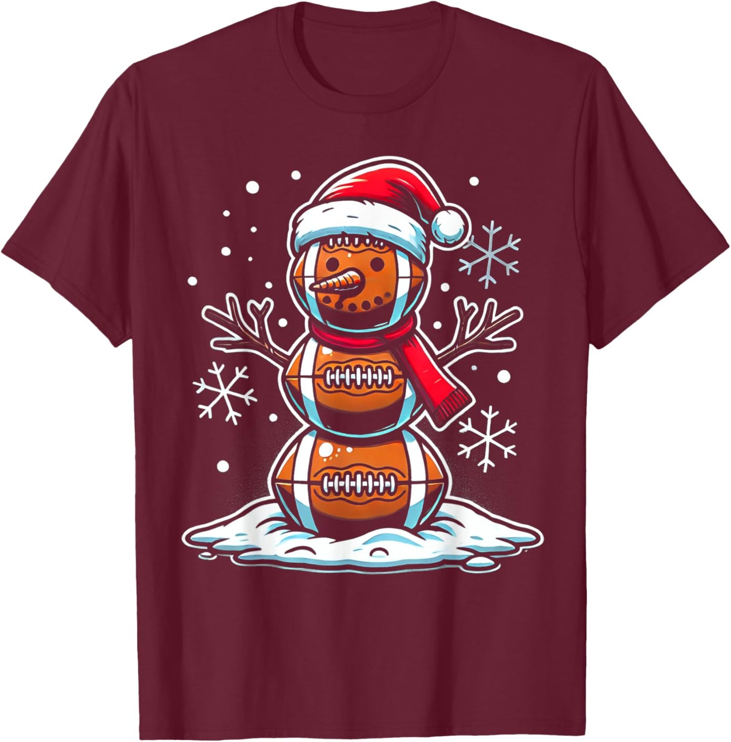 Christmas Football Snowman Holiday Sports Design T-Shirt - T-Shirt | Maroon