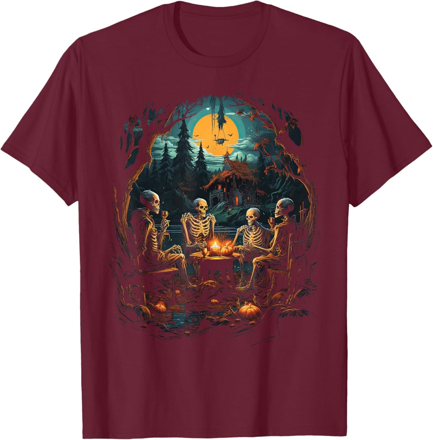 Vintage Ghost and Skeleton by Fire Camping Gothic Halloween T-Shirt - T-Shirt | Maroon