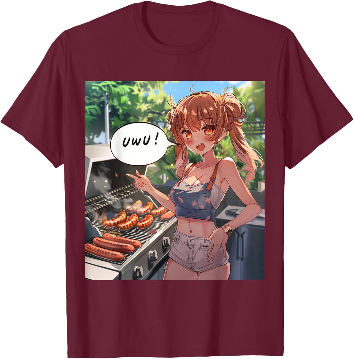 UwU Grill Party Anime Front Print T-Shirt - T-Shirt | Maroon
