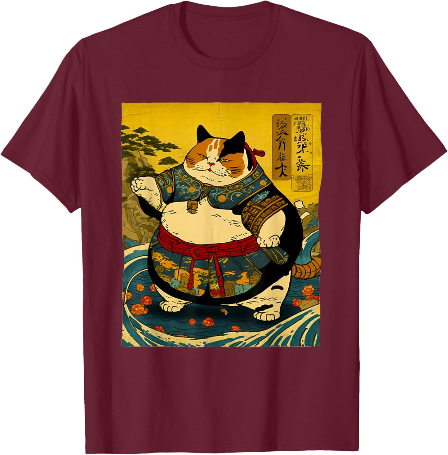 Japanese Art Cat Ninja Sumo Cat Anime Wrestler Cat Men Women T-Shirt - T-Shirt | Maroon