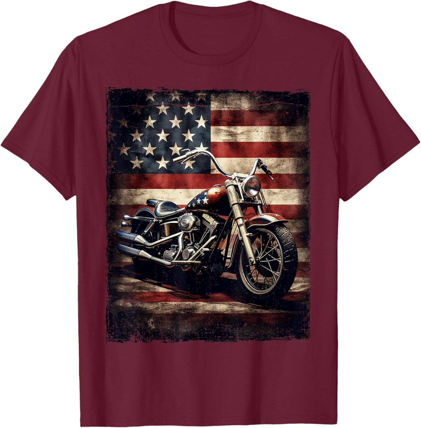 Vintage Motorcycle USA Flag Retro Biker American T-Shirt - T-Shirt | Maroon