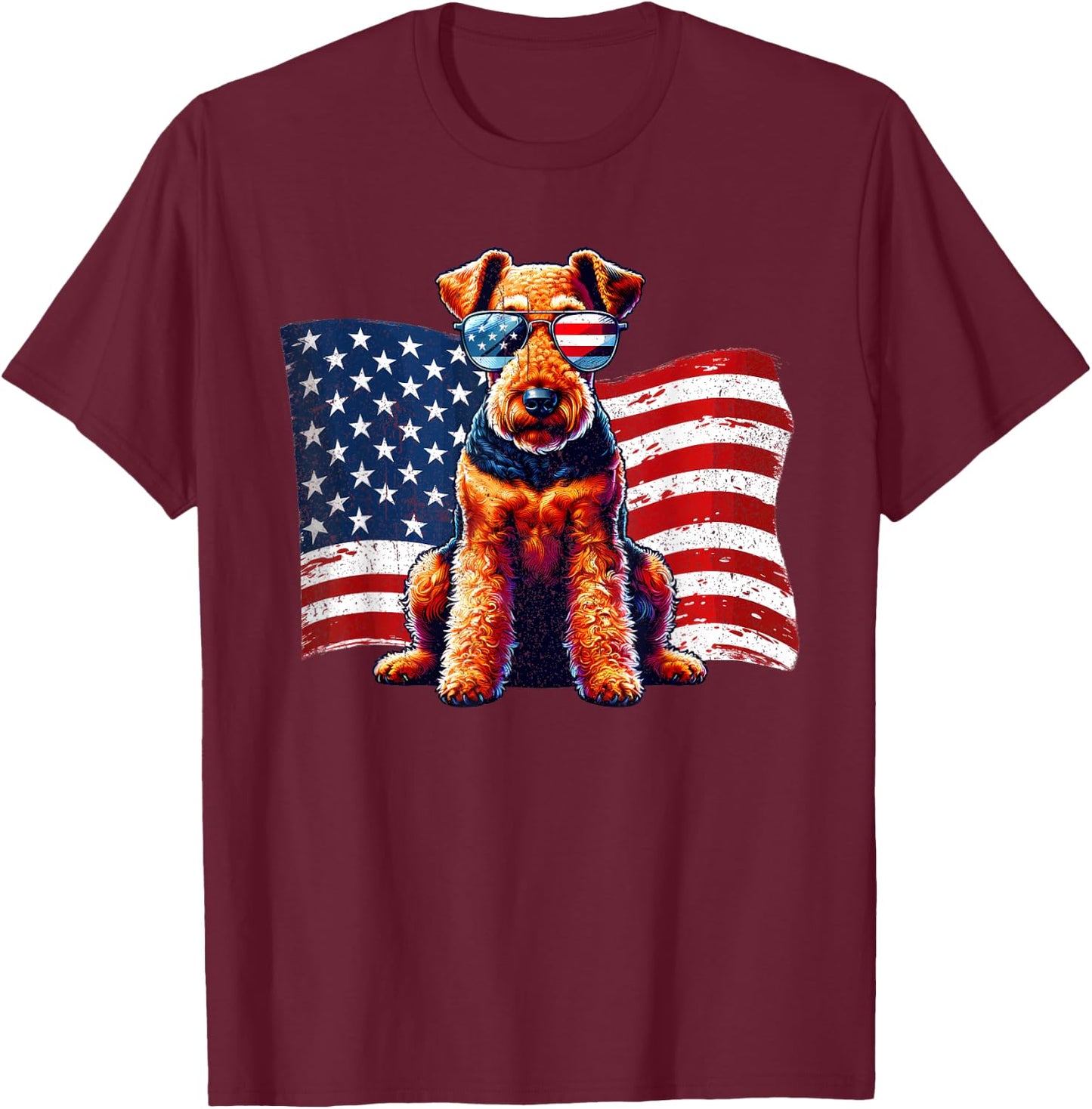 Vintage Airedale Terrier American Flag Sunglasses Patriotic T-Shirt - T-Shirt | Maroon