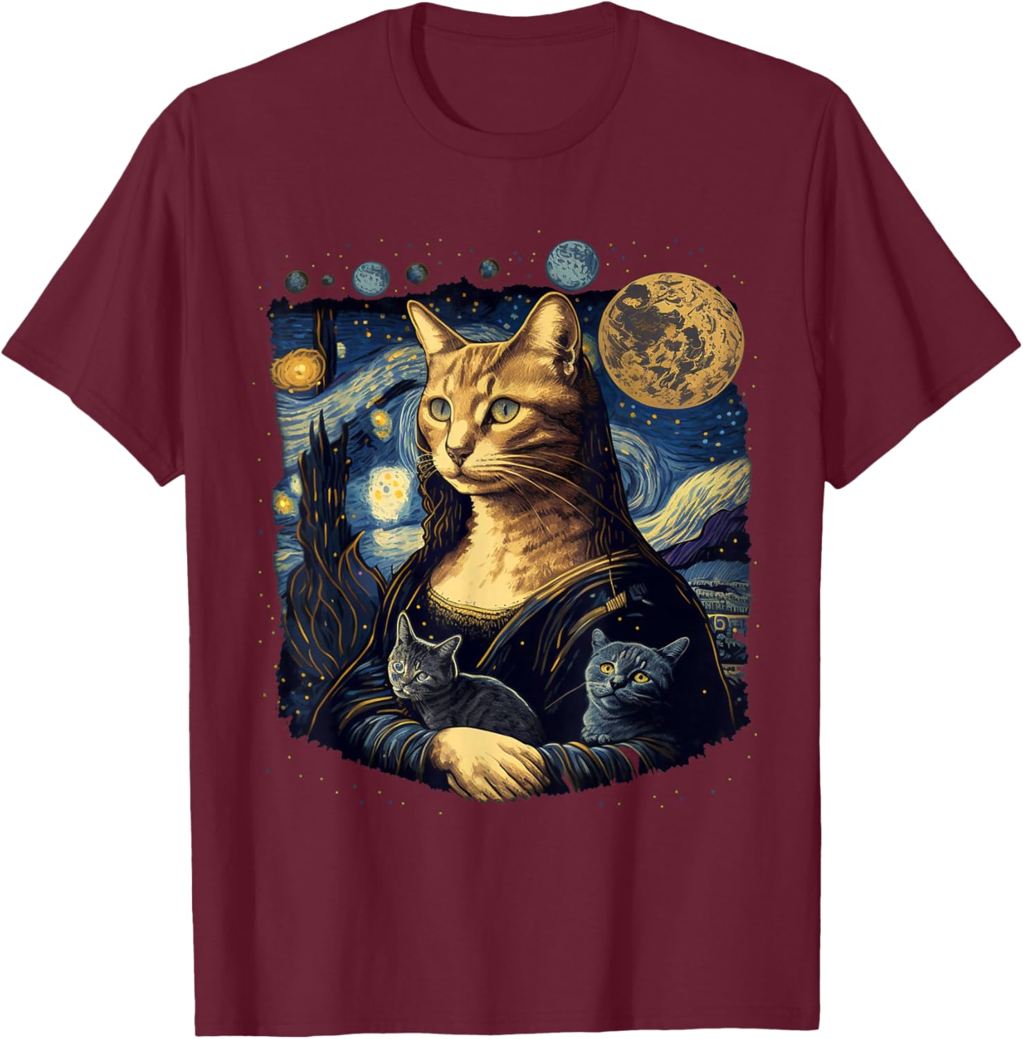 Cat Mona Lisa With Cats Starry Night Van Gogh Funny Art T-Shirt - T-Shirt | Maroon