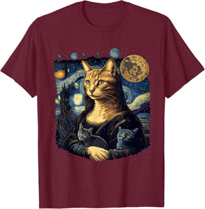 Cat Mona Lisa With Cats Starry Night Van Gogh Funny Art T-Shirt - T-Shirt | Maroon