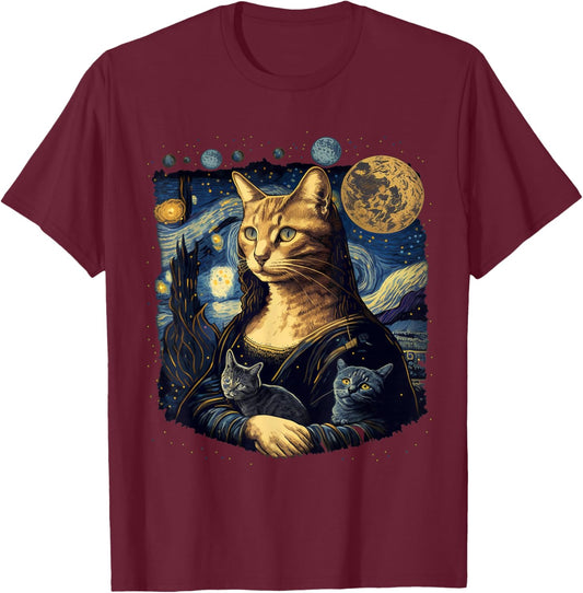 Cat Mona Lisa With Cats Starry Night Van Gogh Funny Art T-Shirt - T-Shirt | Maroon