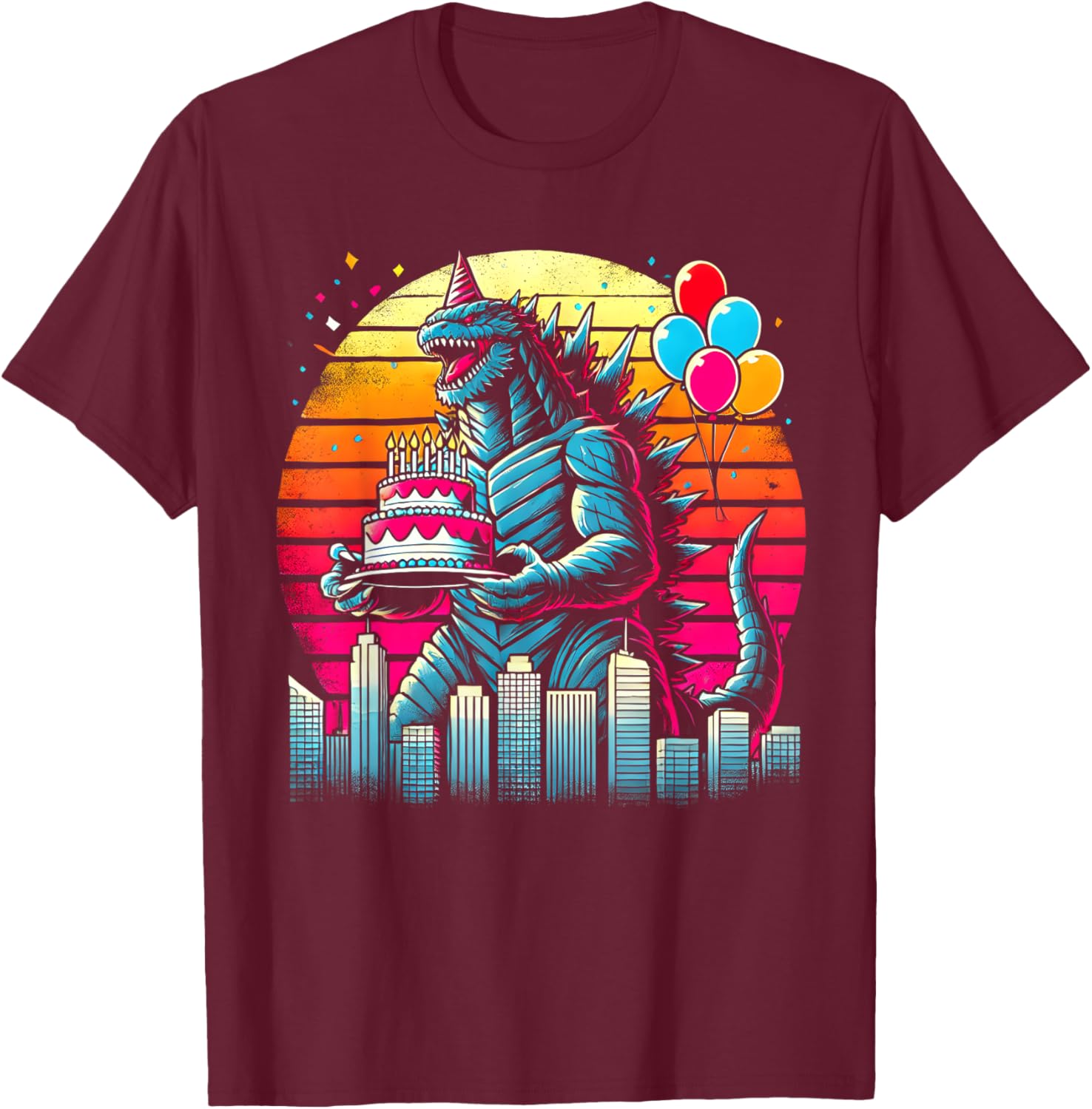 Kaiju Balloon And Cake Funny Japanese Monster Lover Birthday T-Shirt - T-Shirt | Maroon