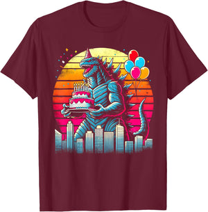 Kaiju Balloon And Cake Funny Japanese Monster Lover Birthday T-Shirt - T-Shirt | Maroon