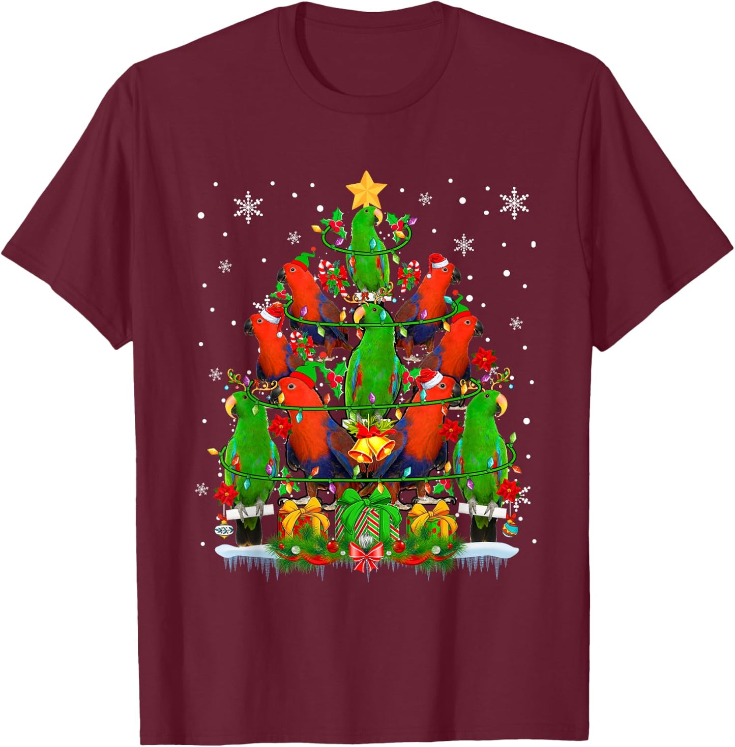 Santa Reindeer Elf Eclectus Parrots Christmas Tree Lover T-Shirt - T-Shirt | Maroon