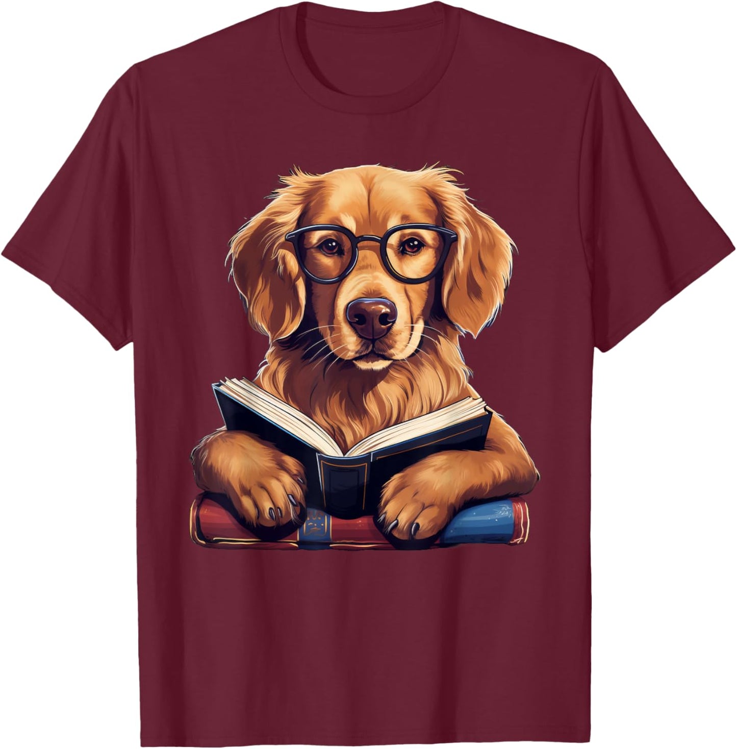 Cute Dog Golden Retriever Reading Book Men Women Girls Kids T-Shirt - T-Shirt | Maroon