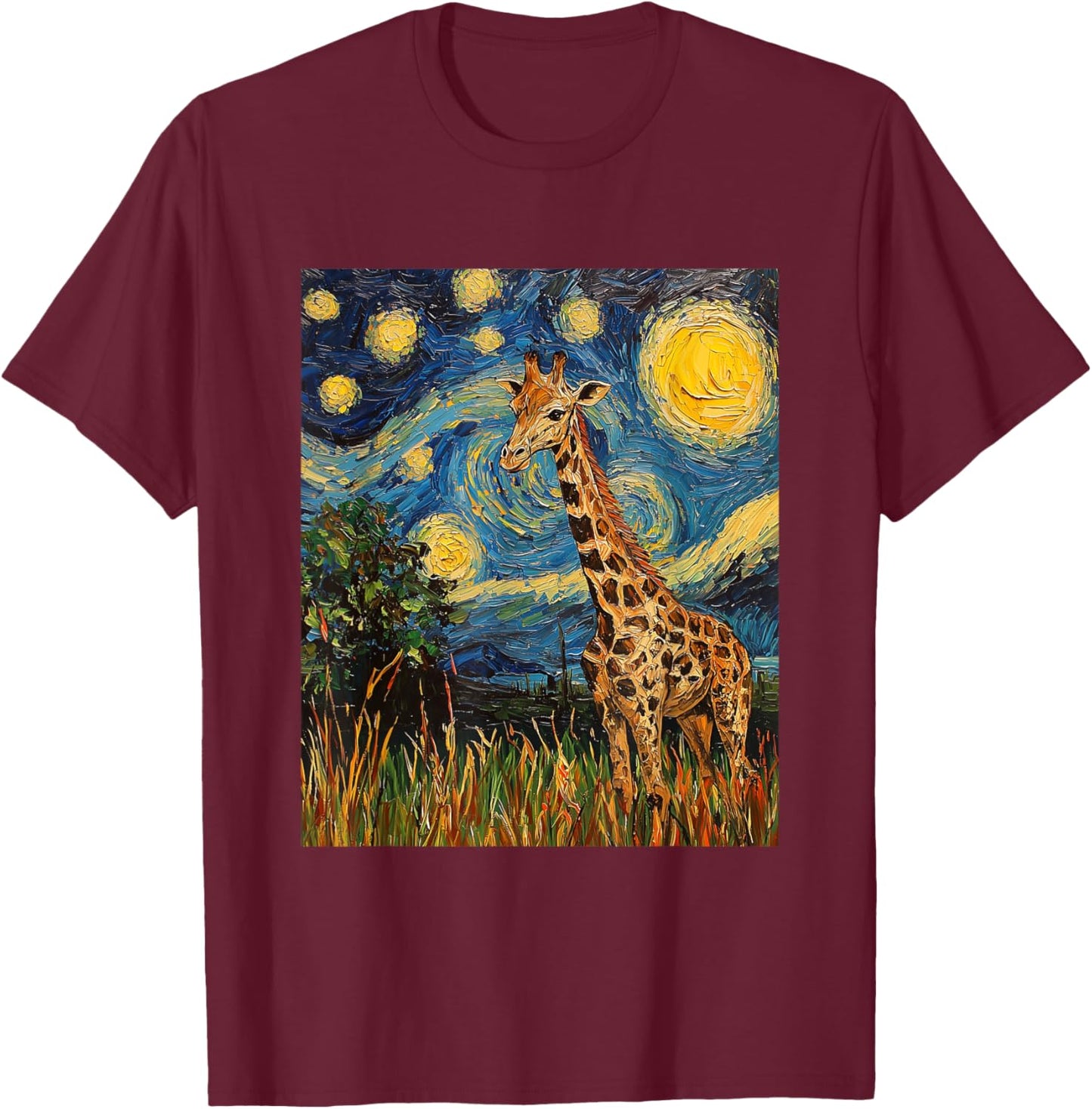 Cute Giraffe Africa - Van Gogh Style - Starry Night T-Shirt - T-Shirt | Maroon