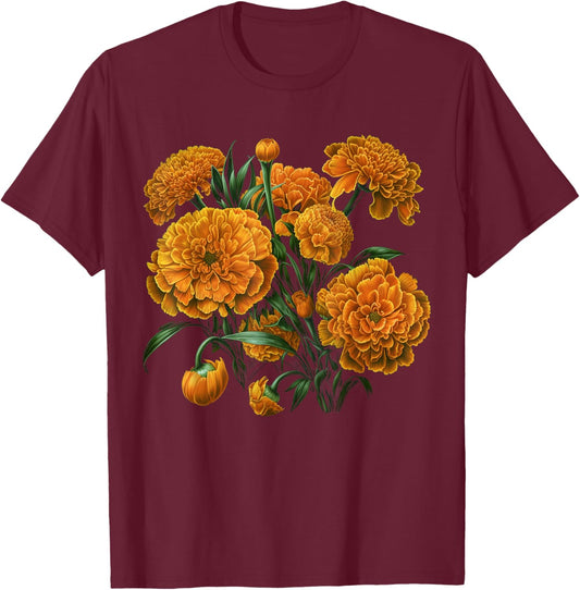 Marigold Flowers, Floral Bouquet Design T-Shirt - T-Shirt | Maroon