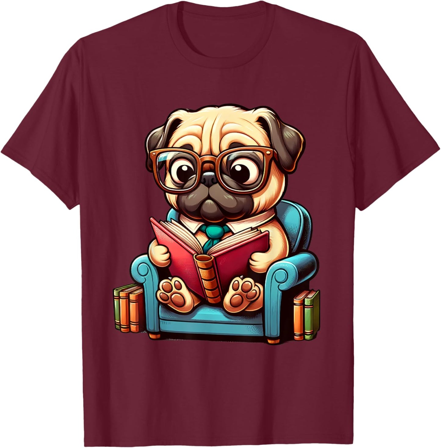 Pug Reading a Book Dog Men Women Girls Kids T-Shirt - T-Shirt | Maroon